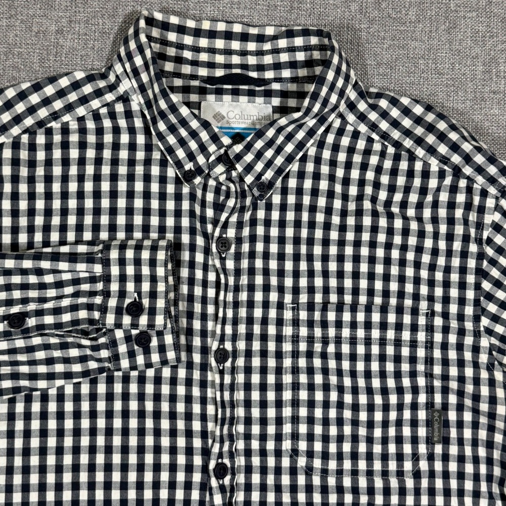 Columbia Gingham Button Down Shirt Mens Large Navy Blue White Stretch Gorpcore